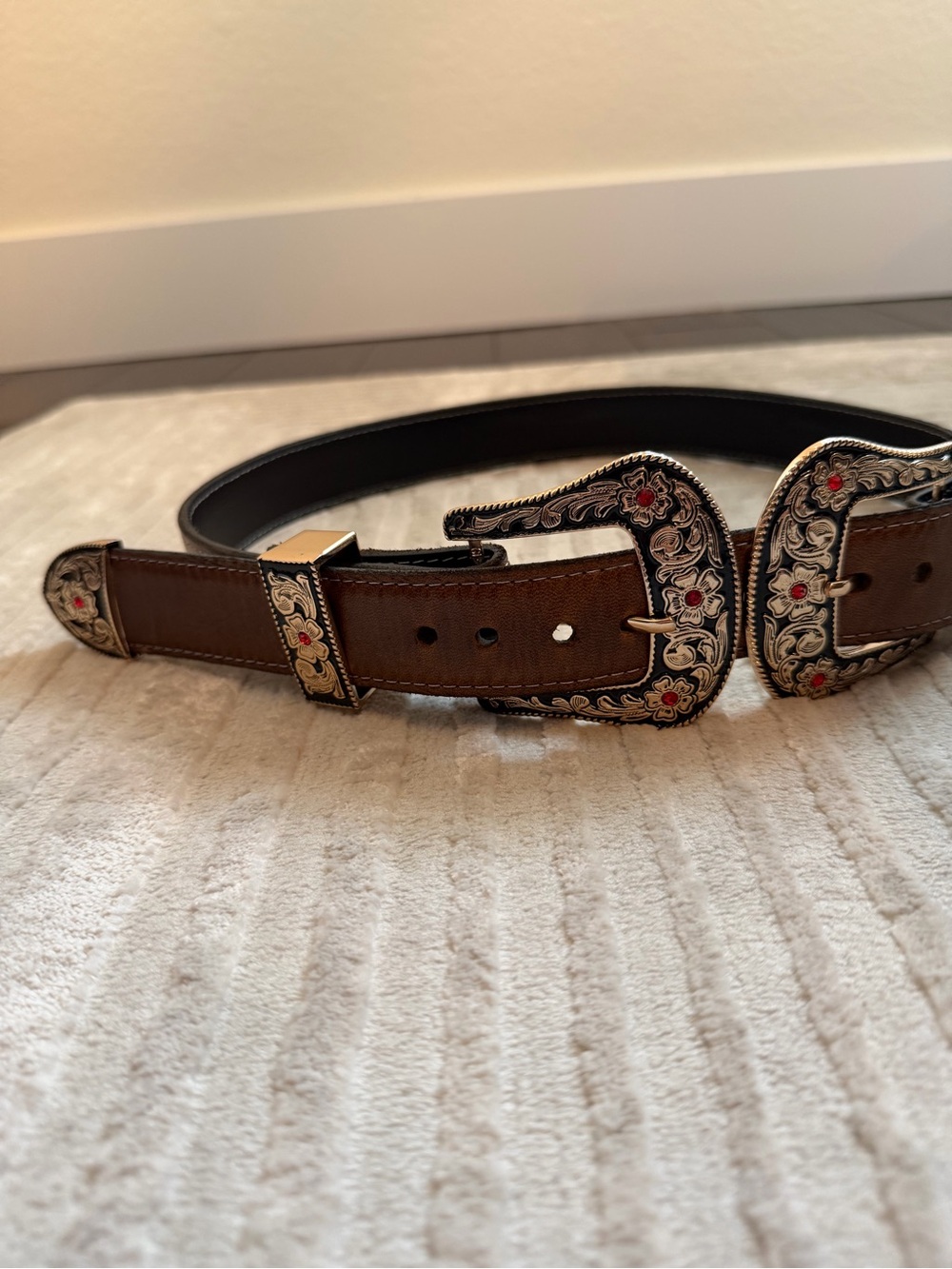 Women's Brown Leather Double Western Buckle Belt with Silver Floral Accents